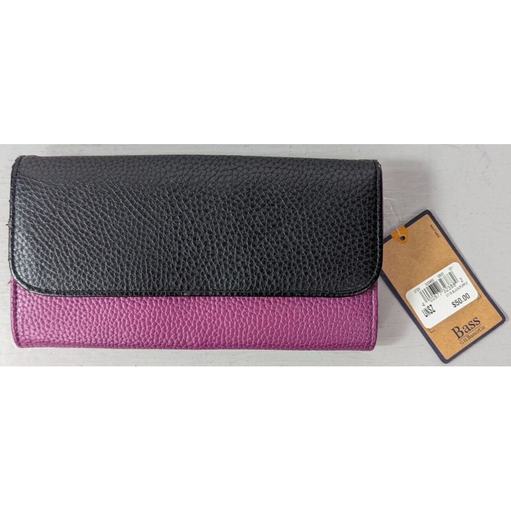 GH Bass & Co Trifold Wallet Black Purple Leather with Zipper Coin Purse NWT